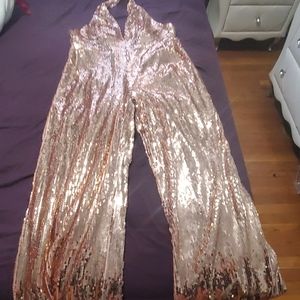 Rose Gold Sequins Halter Palazzo Jumpsuit